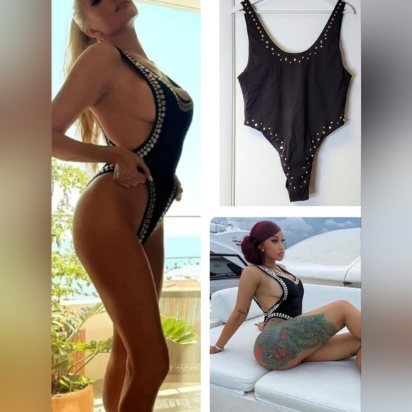 Dolce Vita Stella High-Leg One Piece Swimsuit In Black And Gold Studs Size L - Picture 16 of 16